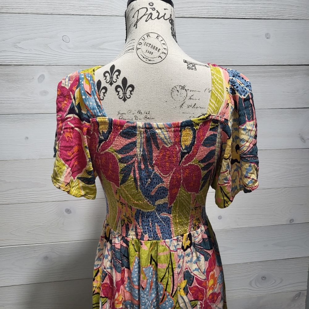 Angie Tropical Floral Maxi Dress Colorful Smocked Spring Summer Vacation - Picture 4 of 8